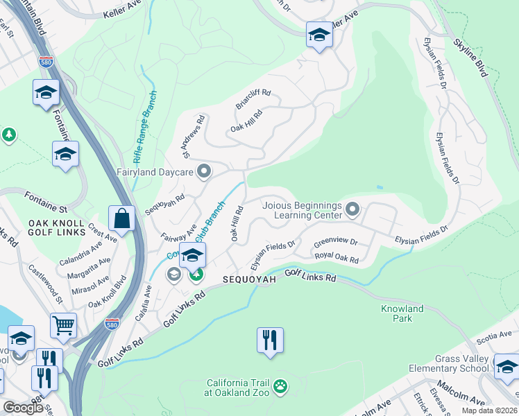 map of restaurants, bars, coffee shops, grocery stores, and more near 10 Sequoyah View Court in Oakland