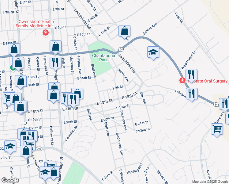 map of restaurants, bars, coffee shops, grocery stores, and more near 1708 Alexander Avenue in Owensboro