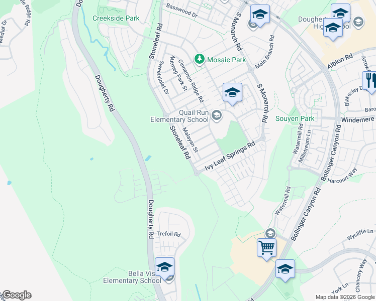 map of restaurants, bars, coffee shops, grocery stores, and more near 7454 Stoneleaf Road in San Ramon