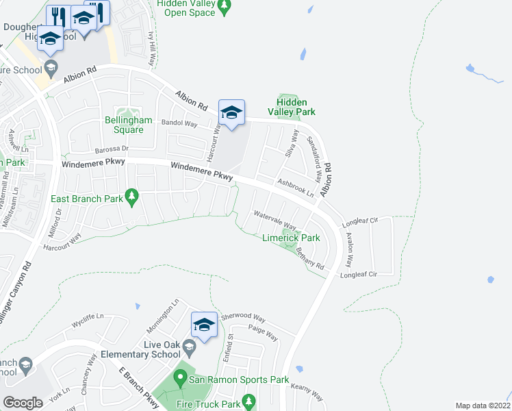 map of restaurants, bars, coffee shops, grocery stores, and more near 608 Karina Court in San Ramon