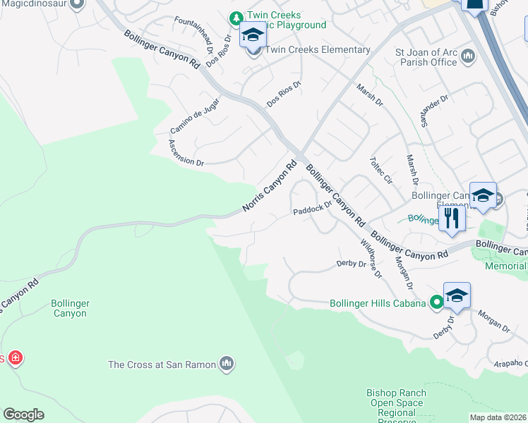 map of restaurants, bars, coffee shops, grocery stores, and more near 29 Dogie Court in San Ramon