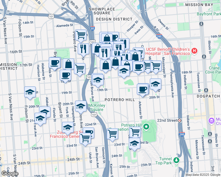 map of restaurants, bars, coffee shops, grocery stores, and more near 2106 19th Street in San Francisco