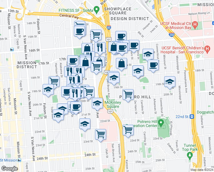 map of restaurants, bars, coffee shops, grocery stores, and more near 632 San Bruno Avenue in San Francisco