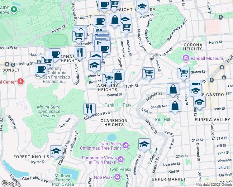 map of restaurants, bars, coffee shops, grocery stores, and more near 649 Belvedere Street in San Francisco