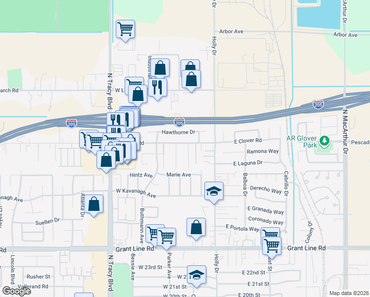 map of restaurants, bars, coffee shops, grocery stores, and more near 216 West Clover Road in Tracy