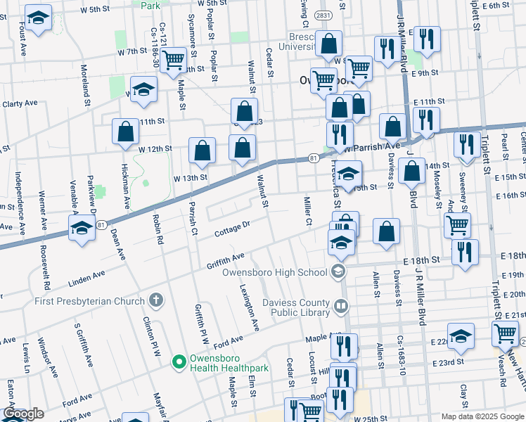 map of restaurants, bars, coffee shops, grocery stores, and more near 1526 Walnut Street in Owensboro