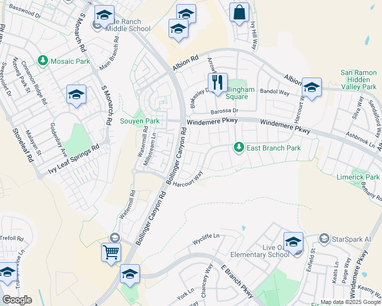 map of restaurants, bars, coffee shops, grocery stores, and more near 2345 Millenium Lane in San Ramon