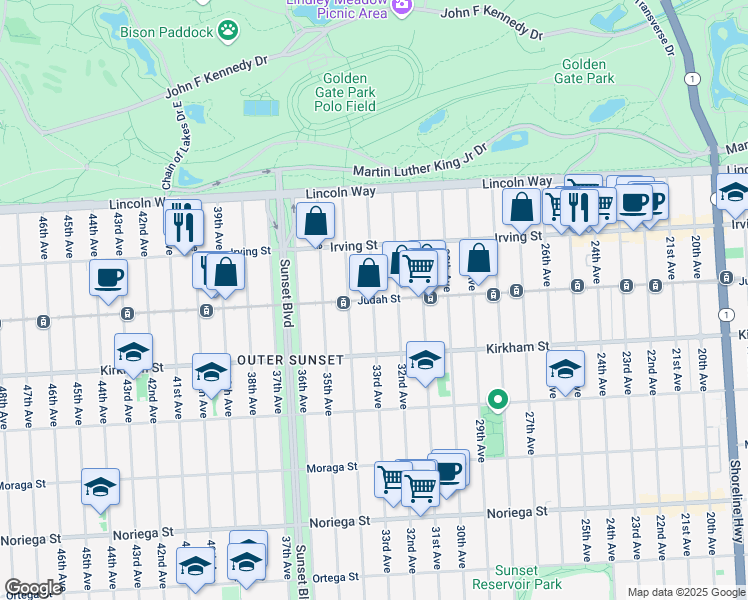 map of restaurants, bars, coffee shops, grocery stores, and more near Judah Street & 33rd Avenue in San Francisco