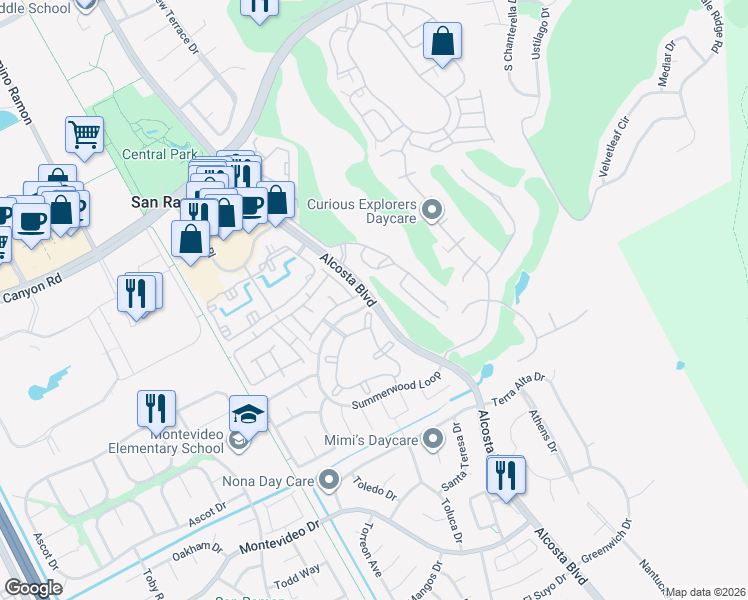 map of restaurants, bars, coffee shops, grocery stores, and more near Alcosta Blvd & Summerwood Loop in San Ramon