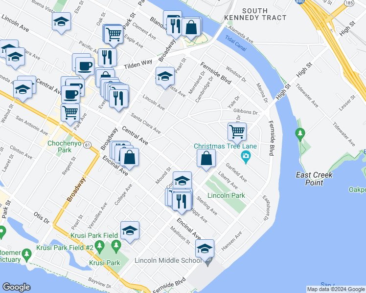 map of restaurants, bars, coffee shops, grocery stores, and more near 2863 Santa Clara Avenue in Alameda