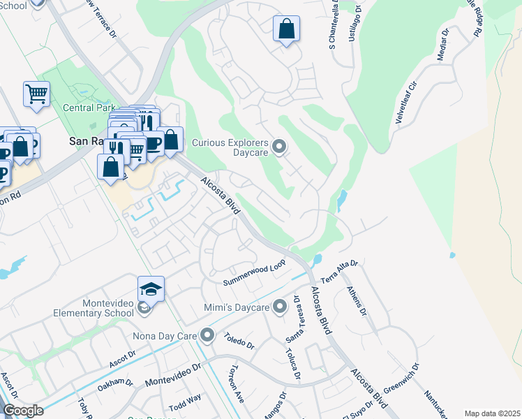 map of restaurants, bars, coffee shops, grocery stores, and more near 236 Canyon Woods Way in San Ramon