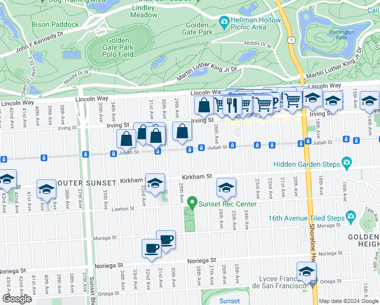 map of restaurants, bars, coffee shops, grocery stores, and more near 1405 28th Avenue in San Francisco
