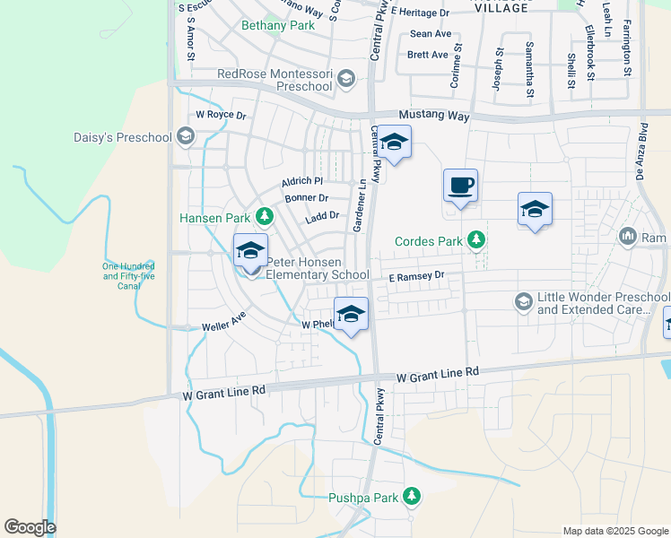 map of restaurants, bars, coffee shops, grocery stores, and more near 140 Stiles Lane in Tracy
