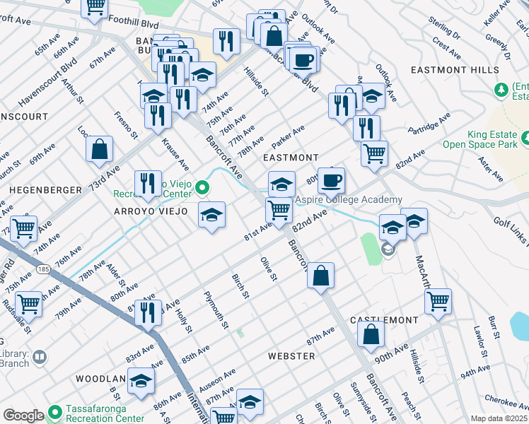 map of restaurants, bars, coffee shops, grocery stores, and more near 2056 80th Avenue in Oakland