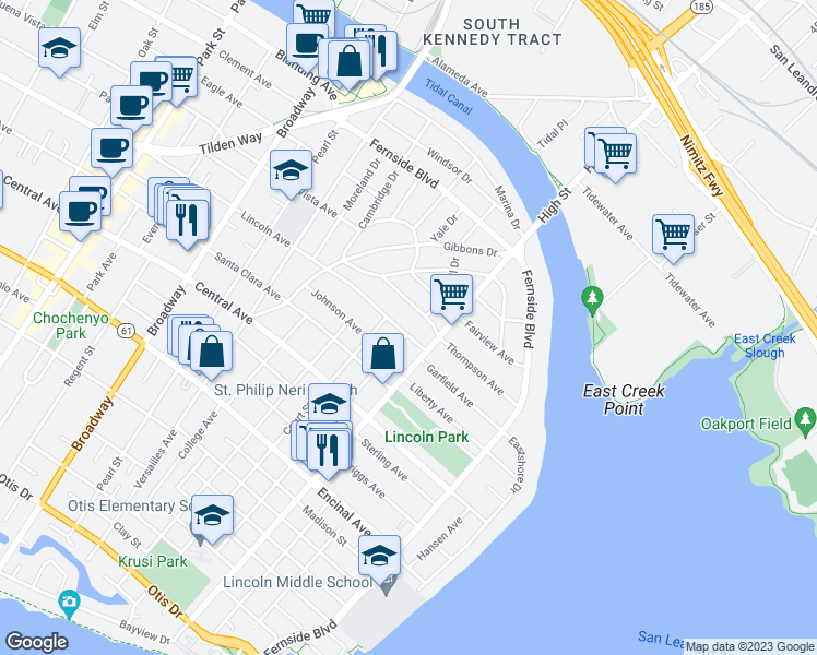 map of restaurants, bars, coffee shops, grocery stores, and more near 3021 Lincoln Avenue in Alameda