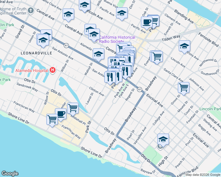 map of restaurants, bars, coffee shops, grocery stores, and more near 2309 San Jose Avenue in Alameda