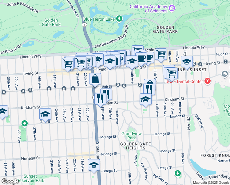 map of restaurants, bars, coffee shops, grocery stores, and more near 1442 16th Avenue in San Francisco