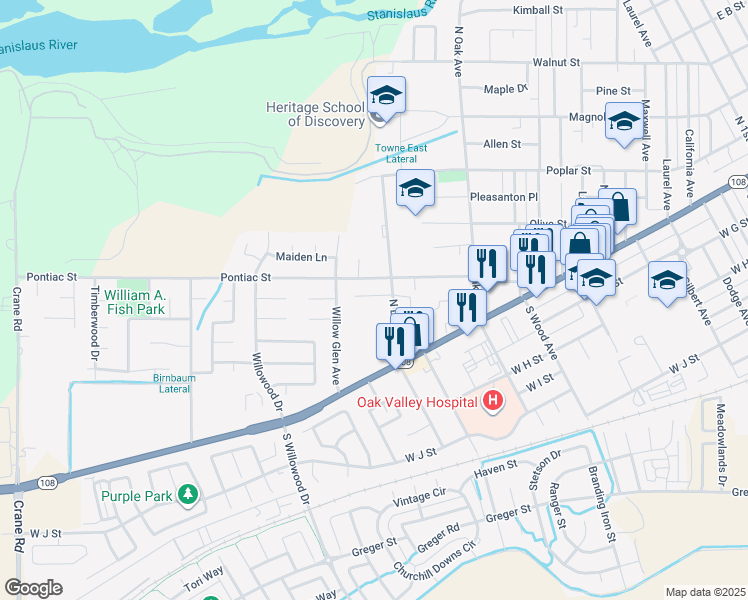 map of restaurants, bars, coffee shops, grocery stores, and more near 1633 Valmor Court in Oakdale
