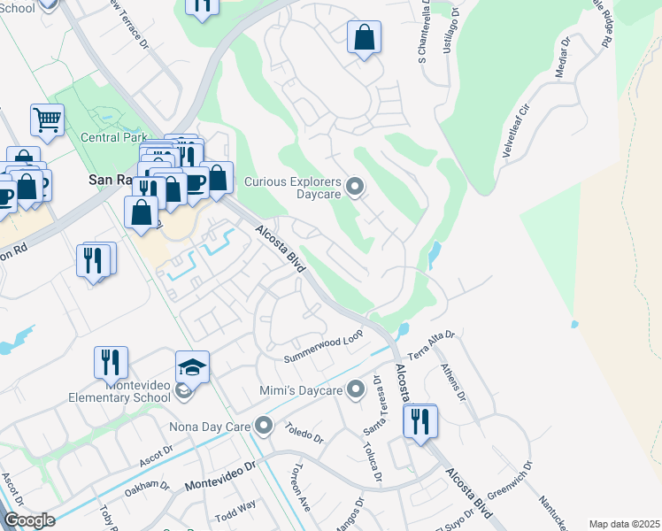 map of restaurants, bars, coffee shops, grocery stores, and more near 236 Canyon Woods Way in San Ramon