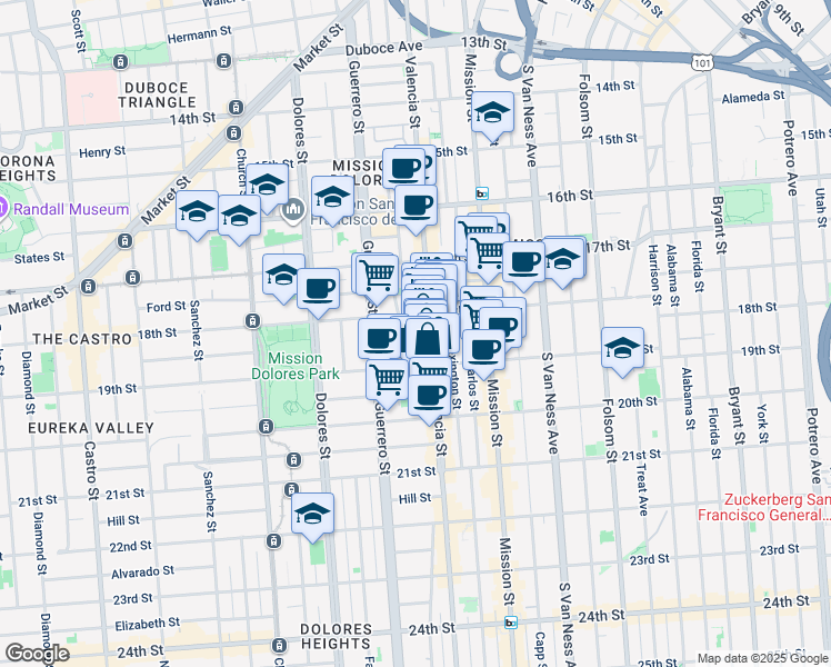 map of restaurants, bars, coffee shops, grocery stores, and more near 36 Lapidge Street in San Francisco