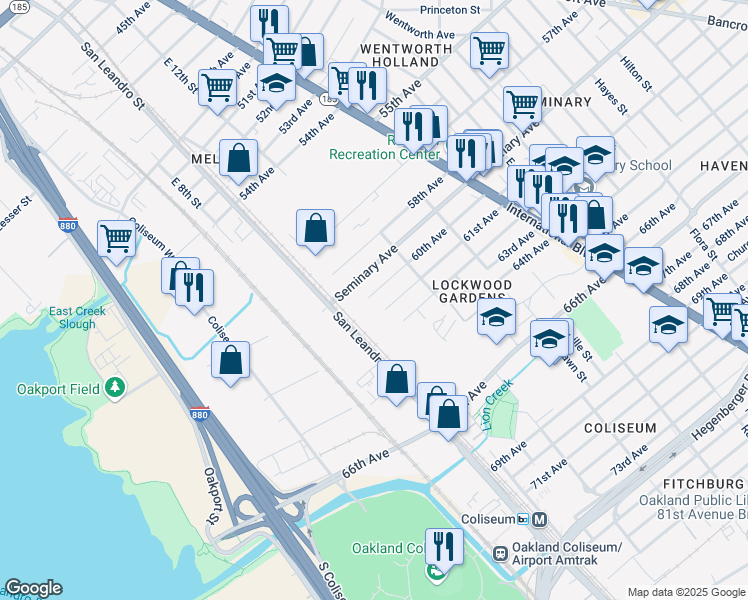 map of restaurants, bars, coffee shops, grocery stores, and more near 1108 60th Avenue in Oakland