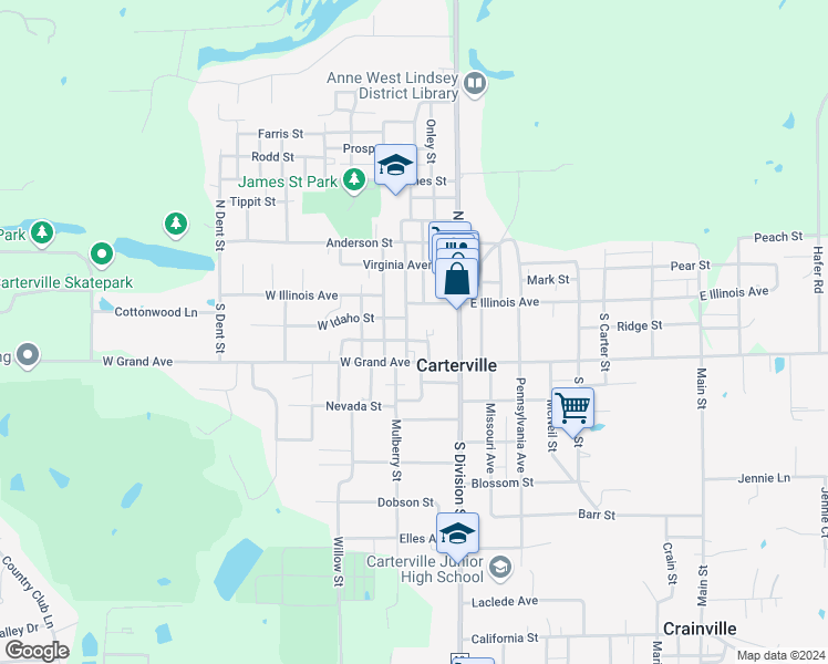 map of restaurants, bars, coffee shops, grocery stores, and more near 214 South Olive Street in Carterville