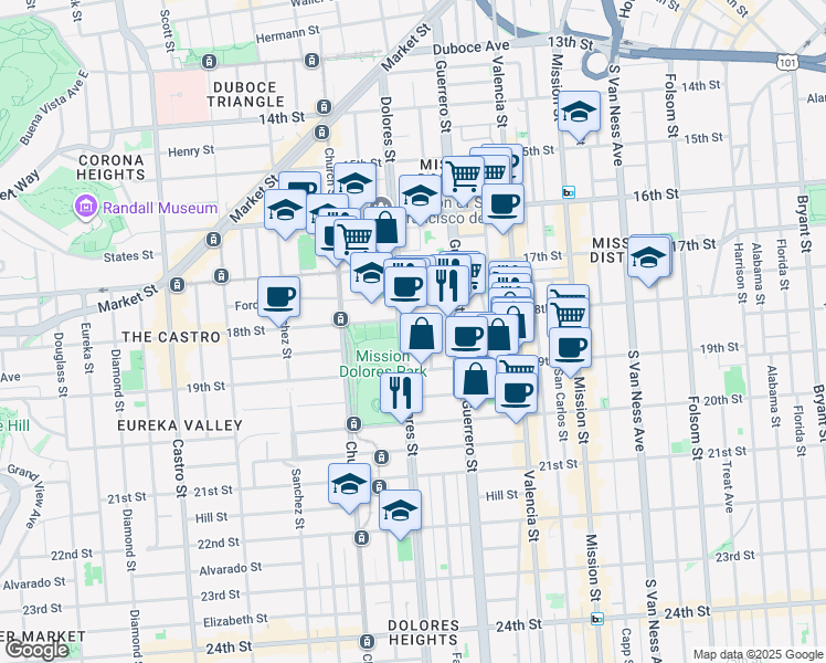 map of restaurants, bars, coffee shops, grocery stores, and more near 521 Dolores Street in San Francisco