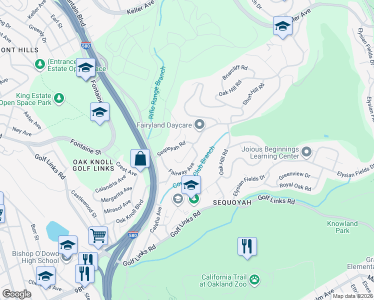 map of restaurants, bars, coffee shops, grocery stores, and more near 3975 Turnley Avenue in Oakland
