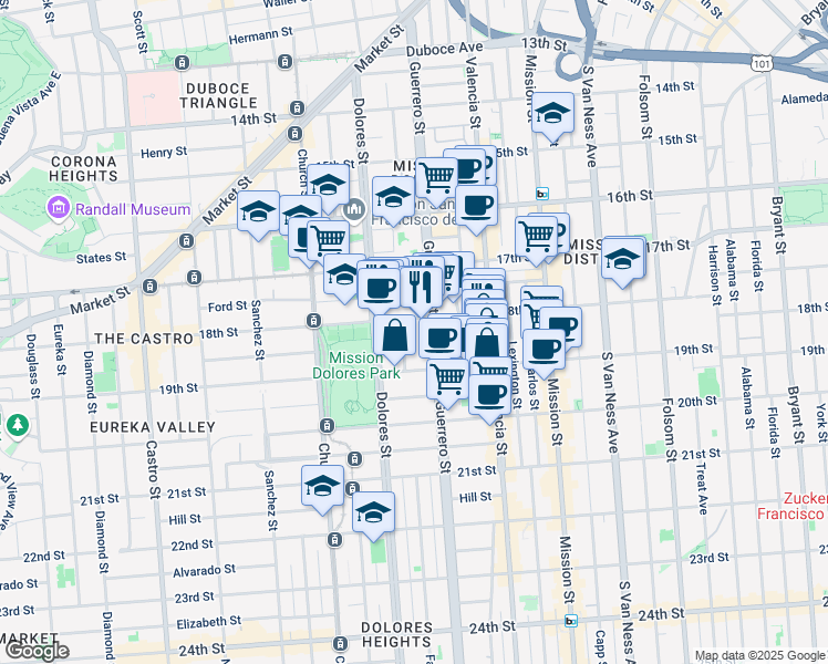 map of restaurants, bars, coffee shops, grocery stores, and more near 630 Guerrero Street in San Francisco