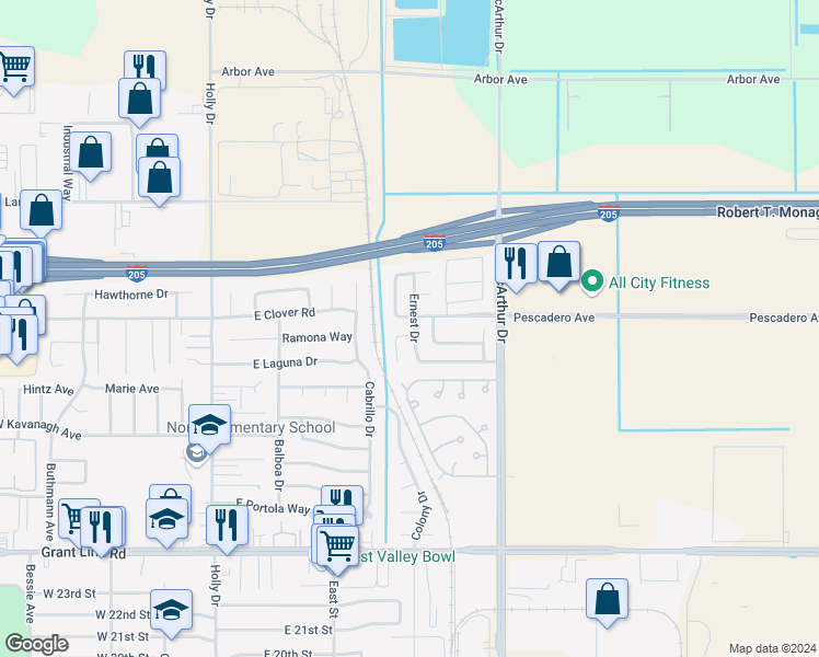 map of restaurants, bars, coffee shops, grocery stores, and more near 3347 Jeanette Court in Tracy