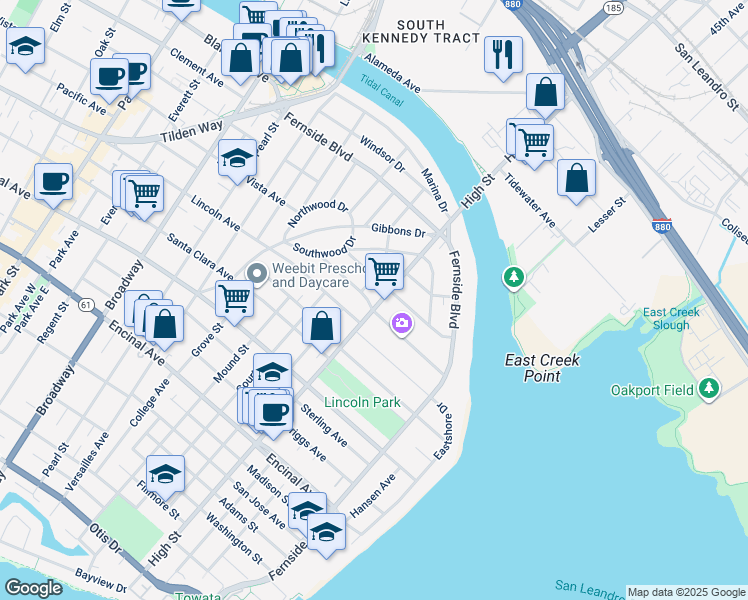 map of restaurants, bars, coffee shops, grocery stores, and more near 1621 High Street in Alameda