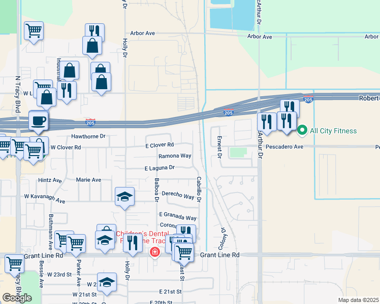 map of restaurants, bars, coffee shops, grocery stores, and more near 341 Ramona Way in Tracy