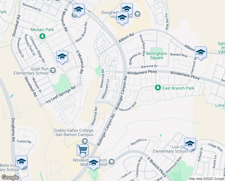 map of restaurants, bars, coffee shops, grocery stores, and more near 2366 Millstream Lane in San Ramon
