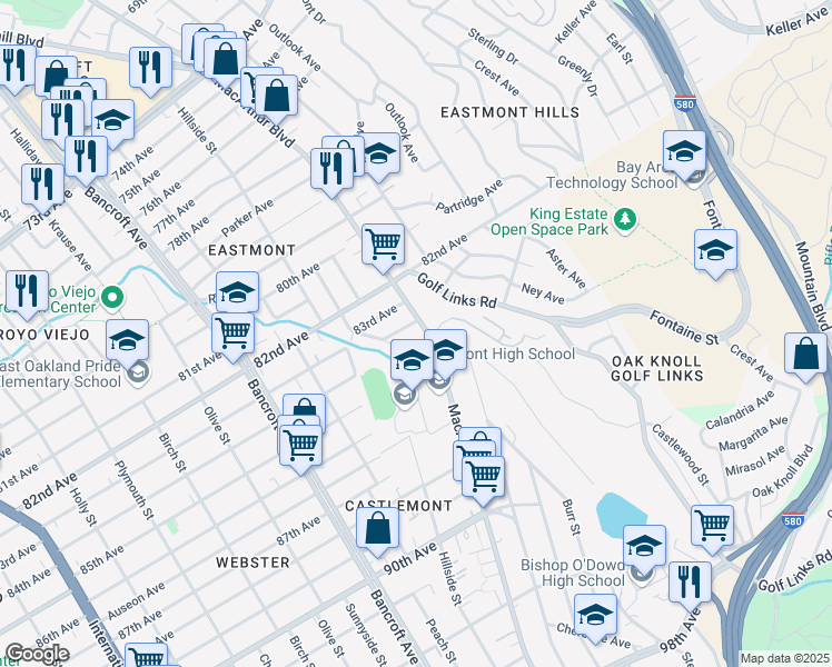 map of restaurants, bars, coffee shops, grocery stores, and more near 2526 84th Avenue in Oakland