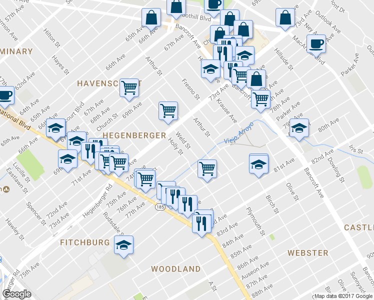 map of restaurants, bars, coffee shops, grocery stores, and more near 7514 Holly Street in Oakland