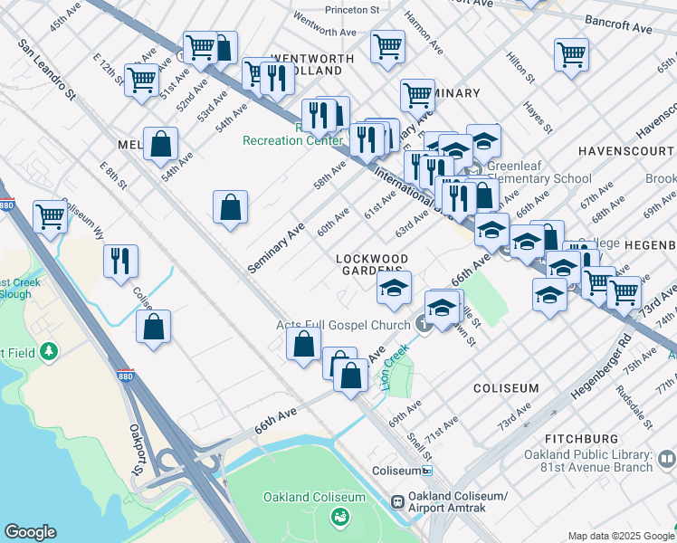 map of restaurants, bars, coffee shops, grocery stores, and more near 6228 Tevis Street in Oakland