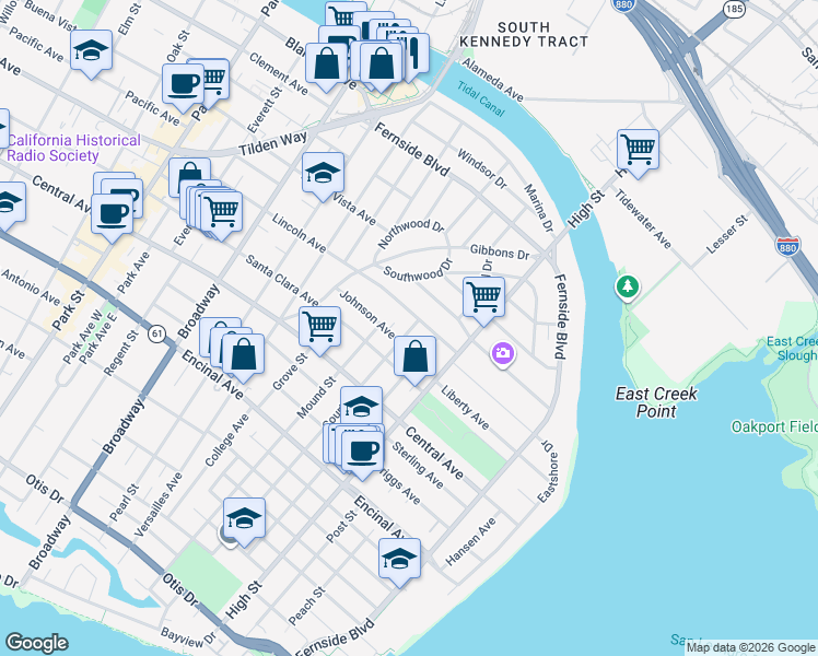 map of restaurants, bars, coffee shops, grocery stores, and more near 1529 Court Street in Alameda