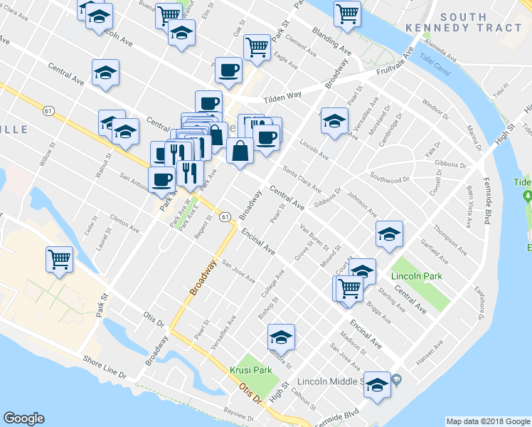map of restaurants, bars, coffee shops, grocery stores, and more near 1336 Broadway in Alameda