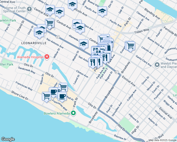 map of restaurants, bars, coffee shops, grocery stores, and more near 917 Oak Street in Alameda