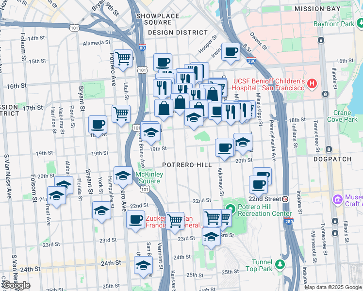 map of restaurants, bars, coffee shops, grocery stores, and more near 1919 19th Street in San Francisco
