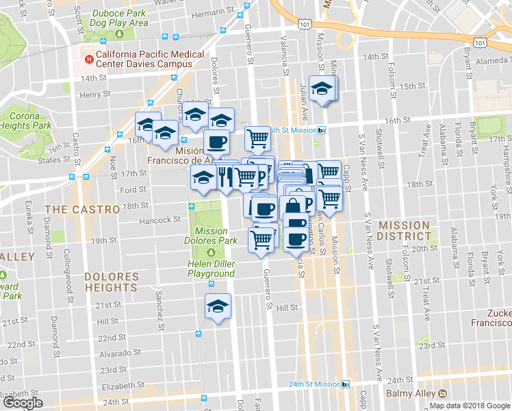 map of restaurants, bars, coffee shops, grocery stores, and more near 630 Guerrero Street in San Francisco