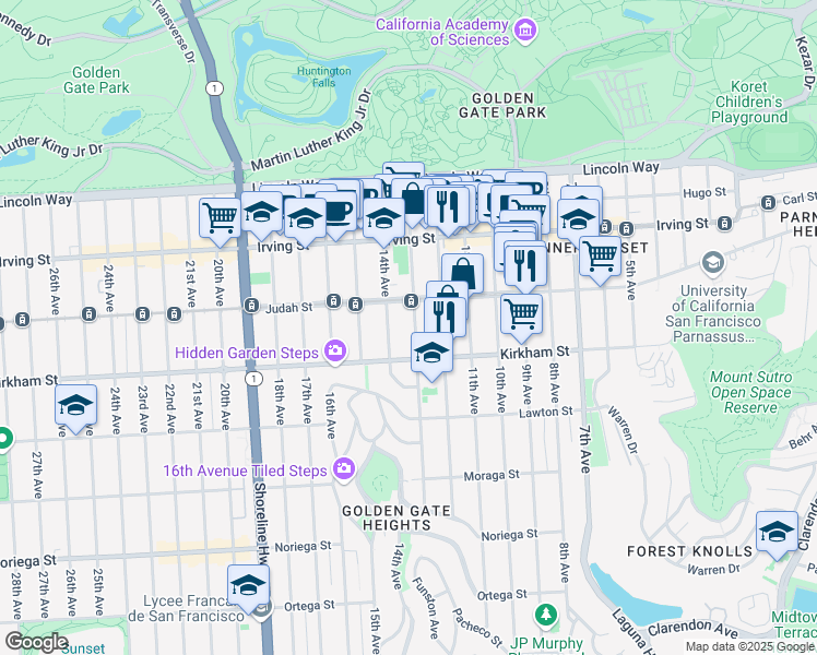 map of restaurants, bars, coffee shops, grocery stores, and more near 1451 Funston Avenue in San Francisco
