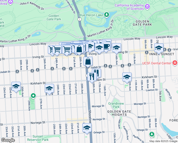 map of restaurants, bars, coffee shops, grocery stores, and more near 1357 Judah Street in San Francisco