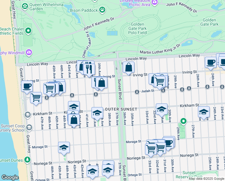 map of restaurants, bars, coffee shops, grocery stores, and more near 3300 Judah Street in San Francisco