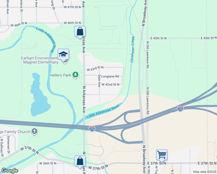 map of restaurants, bars, coffee shops, grocery stores, and more near 325 W 42nd Street North in Wichita