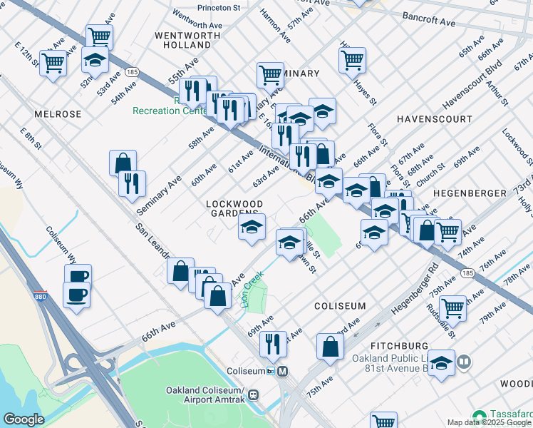 map of restaurants, bars, coffee shops, grocery stores, and more near 1157 65th Avenue in Oakland