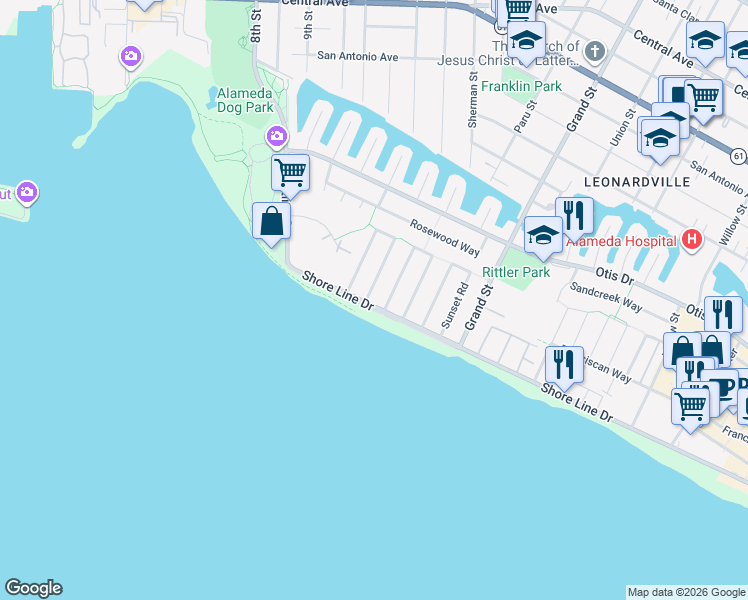 map of restaurants, bars, coffee shops, grocery stores, and more near 300 Fair Haven Road in Alameda