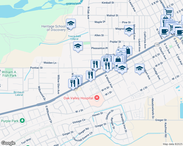 map of restaurants, bars, coffee shops, grocery stores, and more near 20 North Oak Avenue in Oakdale