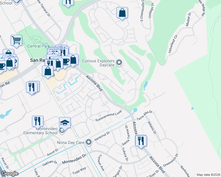 map of restaurants, bars, coffee shops, grocery stores, and more near 236 Canyon Woods Way in San Ramon