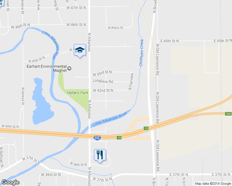map of restaurants, bars, coffee shops, grocery stores, and more near 325 West 42nd Street North in Wichita